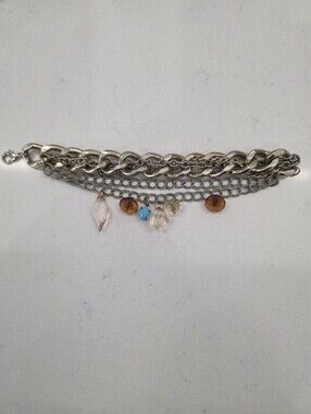 Multi-Chain Bronze Bracelet with Amber and Turquoise Charms 7" Length